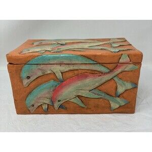 Hand Carved Wood Dolphin Trinket Box Hinged Raised Relief Colorful Vintage Beach
